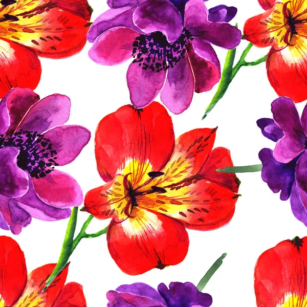 De belles fleurs aquarelles. Motif floral sans couture avec des fleurs rouges tendres dessinées à la main à l'aquarelle sur un fond blanc — Photo