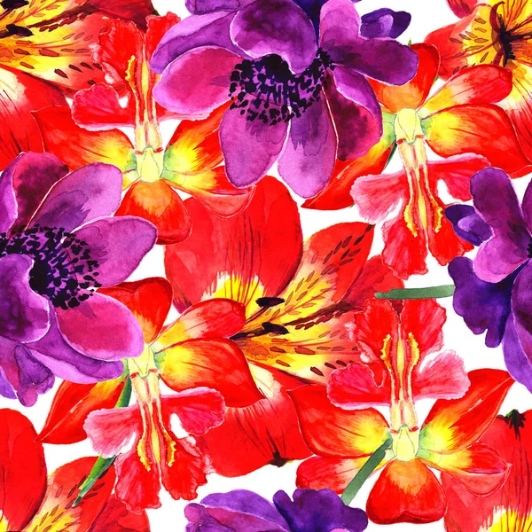 De belles fleurs aquarelles. Motif floral sans couture avec des fleurs rouges tendres dessinées à la main à l'aquarelle sur un fond blanc — Photo