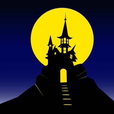 Dolunay, mutlu Cadılar Bayramı mesajı tasarlamak arka plan üzerinde Halloween karanlık Kalesi.