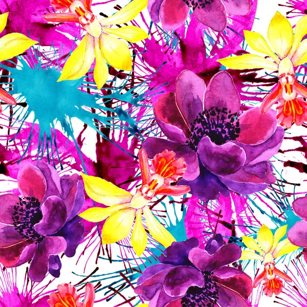 Acuarela pintura sin costura patrones con flores tropicales, flores. Base para el diseño —  Fotos de Stock