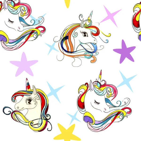 Unicornio. De patrones sin fisuras, hecha en acuarela. Fondo para el diseño —  Fotos de Stock