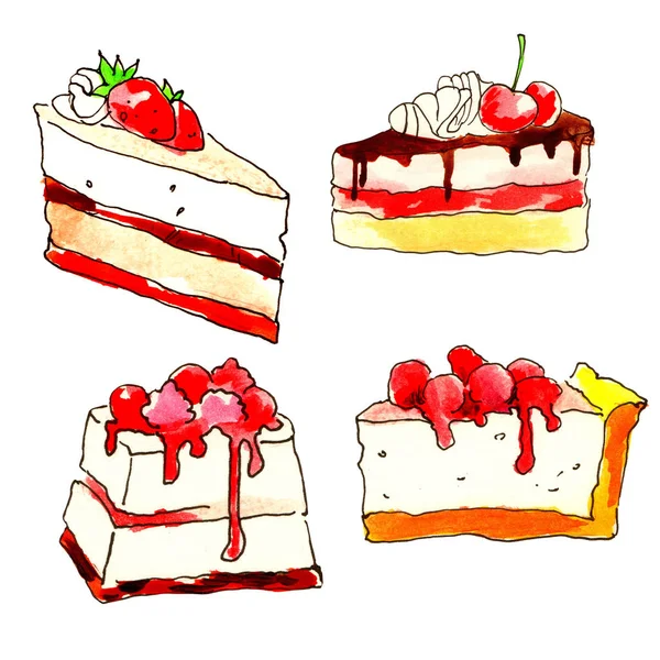 Торт, десерт, шоколад та випічка, десерт з фруктами. Встановити на білому тлі — стокове фото