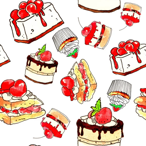 Pasta, tatlı, çikolata ve pasta, tatlı meyve ile. Beyaz arka plan üzerinde seamless modeli — Stok fotoğraf