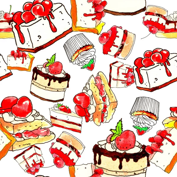 Cake, dessert, chocolate and pastry, dessert with fruit. Seamless pattern on white background — Stock Photo, Image