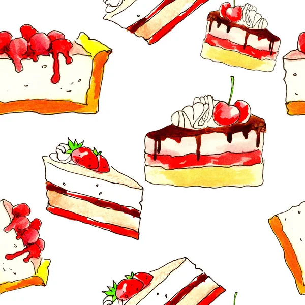 Pastel, postre, chocolate y pasteles, postre con frutas. Patrón transparente sobre fondo blanco —  Fotos de Stock