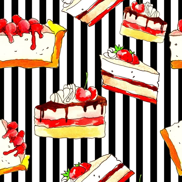 케이크, 디저트 및 생 과자입니다. 초콜릿, 크림, 잼와 과일 디저트. 원활한 패턴 — 스톡 사진