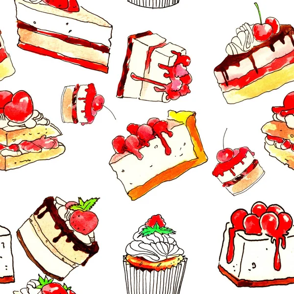 Cake, dessert, chocolate and pastry, dessert with fruit. Seamless pattern on white background — Stock Photo, Image
