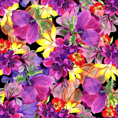  Vahşi bahar kır çiçeği yaprağı üzerinde siyah bir arka plan. Suluboya resim kümesi. Sulu boya çizim moda suluboya. Sorunsuz arka plan deseni. Yazdırma doku ile kumaş duvar kağıdı. -İllüstrasyon