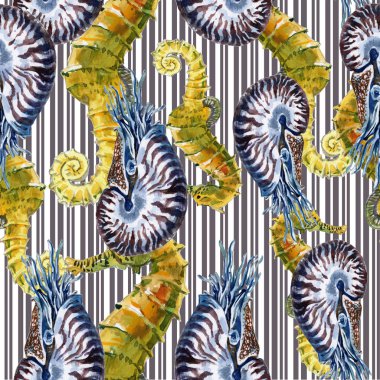 Deniz ve okyanus yaşam seamless modeli ile deniz canlıları ve hayvan suluboya tarzında. İllüstrasyon