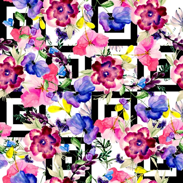 Fondo de acuarela sin costuras mezcla colorida flor floral y hojas con arte de línea utilizado para la textura de fondo, papel de envolver, textil o papel tapiz de diseño - Ilustración — Foto de Stock