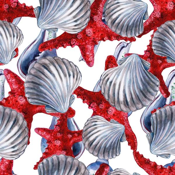 Patrón sin costuras con conchas marinas, corales y estrellas de mar. Fondo marino. Ilustración en estilo watercollor. Perfecto para saludos, invitaciones, papel de regalo, textil, boda y diseño web . — Foto de Stock