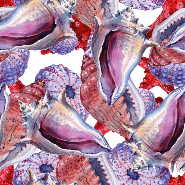 Padrão sem costura com conchas, corais e estrelas do mar. Fundo marinho. Ilustração em estilo watercollor. Perfeito para saudações, convites, papel de embrulho, têxtil, casamento e web design . — Fotografia de Stock