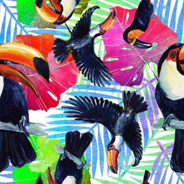 Egzotik kuş toucan. Suluboya içinde yapılmış sorunsuz arka plan. Yabani kuş kuş arka plan, doku, desen, çerçeve, kenarlık veya dövme için.