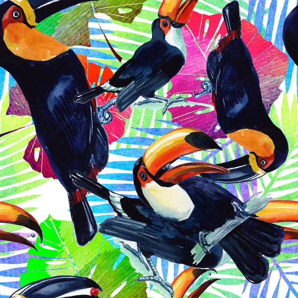 Toucan exotique. Fond sans couture en aquarelle. Oiseau sauvage Oiseau pour fond, texture, motif, cadre, bordure ou tatouage . — Photo