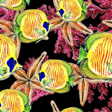 Deniz balığı. Kızıl Deniz. Deniz sakinlerinin seamless modeli. Deniz arka plan.