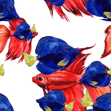 Seamless modeli deniz balık. Deniz arka plan. Balık içinde suluboya boyanmıştır. Beyaz arka plan üzerinde balık