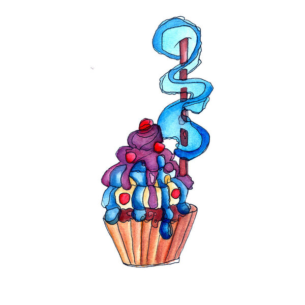 The dessert is painted with watercolor, isolated on a white background. Cake, sweets, holiday