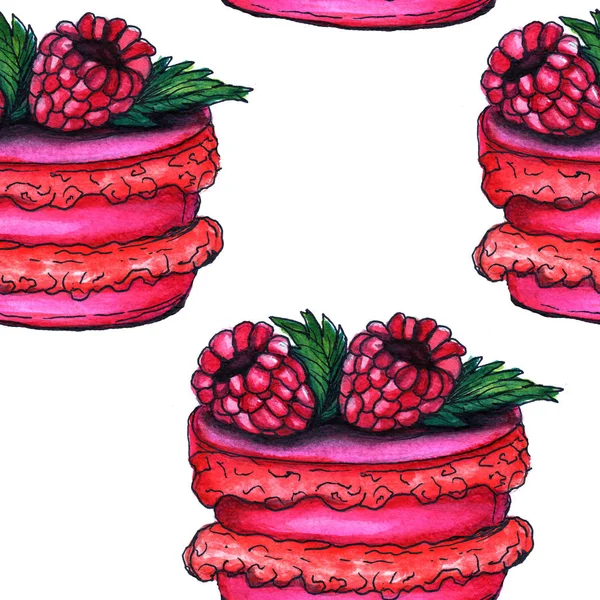 Torta festiva, serie di illustrazione ad acquerello. Festa di compleanno, decorazioni per torte, torta alla panna, dessert con fiori. Sfondo senza cuciture - Illustrazione — Foto Stock