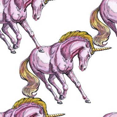 Unicorn. Beyaz arka planda Dikişsiz desen. Masal karakteri. Tasarım temeli