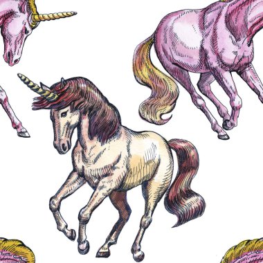 Unicorn. Beyaz arka planda Dikişsiz desen. Masal karakteri. Tasarım temeli