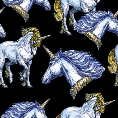 Unicorn. Masal karakteri. Suluboya, tüy. Dikişsiz desen. Çocuklar için güzel çizim.