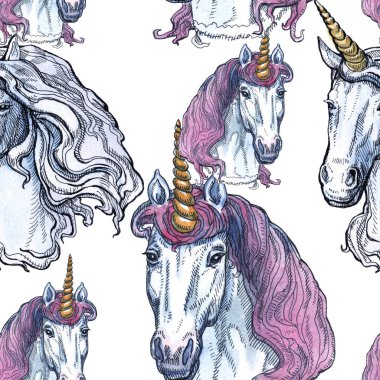 Unicorn. Beyaz arka planda Dikişsiz desen. Masal karakteri. Tasarım temeli