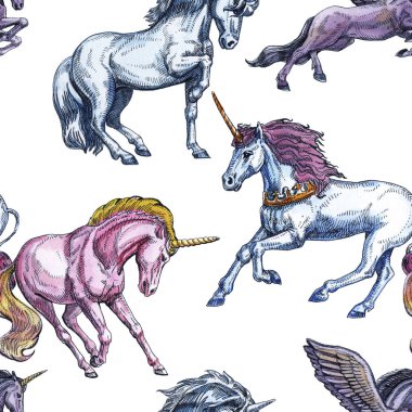 Unicorn. Beyaz arka planda Dikişsiz desen. Masal karakteri. Tasarım temeli