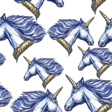 Unicorn. Masal karakteri. Suluboya, tüy. Dikişsiz desen. Çocuklar için güzel çizim.