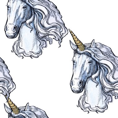 Unicorn. Masal karakteri. Suluboya, tüy. Dikişsiz desen. Çocuklar için güzel çizim.