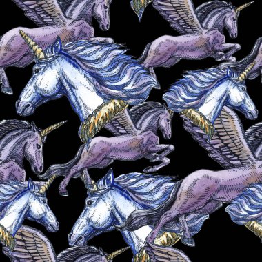 Unicorn. Masal karakteri. Suluboya, tüy. Dikişsiz desen. Çocuklar için güzel çizim.