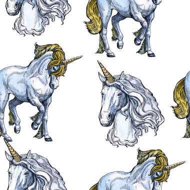 Unicorn. Masal karakteri. Suluboya, tüy. Dikişsiz desen. Çocuklar için güzel çizim.