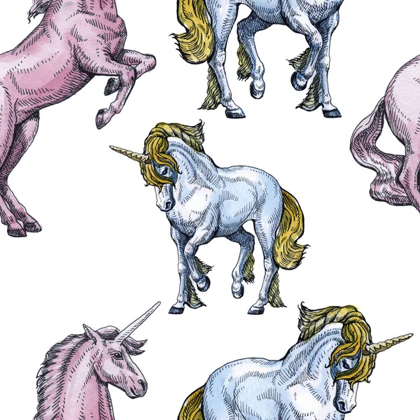 Unicorn. Sömlöst mönster på en vit bakgrund. Sagolik karaktär. Grund för design — Stockfoto