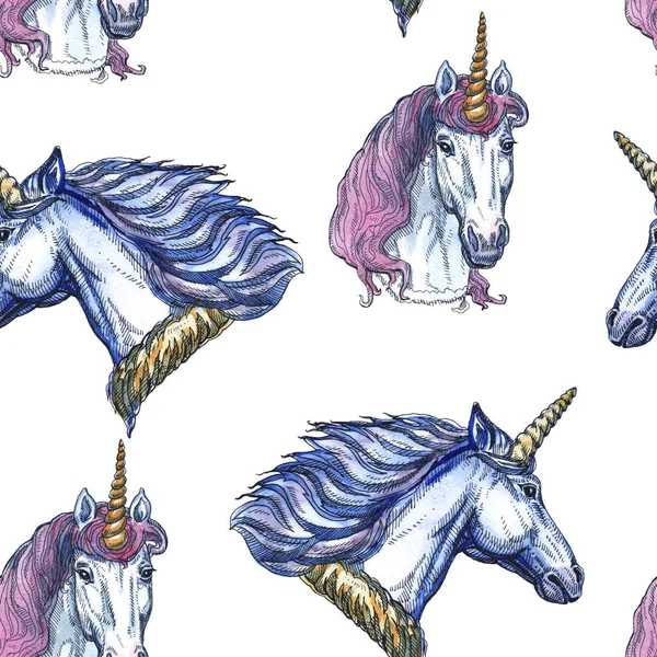 Unicorn. Sömlöst mönster på en vit bakgrund. Sagolik karaktär. Grund för design — Stockfoto