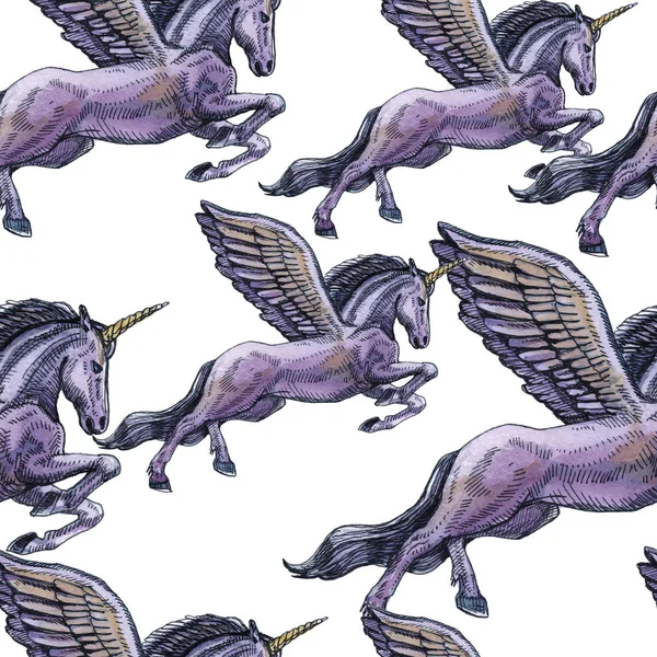 Unicorn. Masal karakteri. Suluboya, tüy. Dikişsiz desen. Çocuklar için güzel çizim.