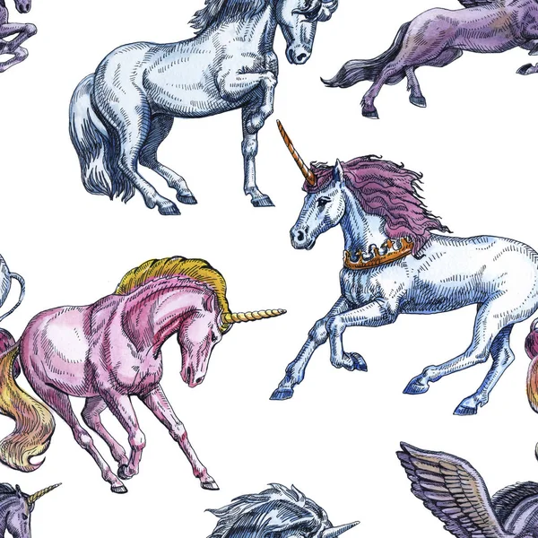 Unicorn. Seamless pattern on a white background. Fairy-tale character. Basis for design Stock Picture