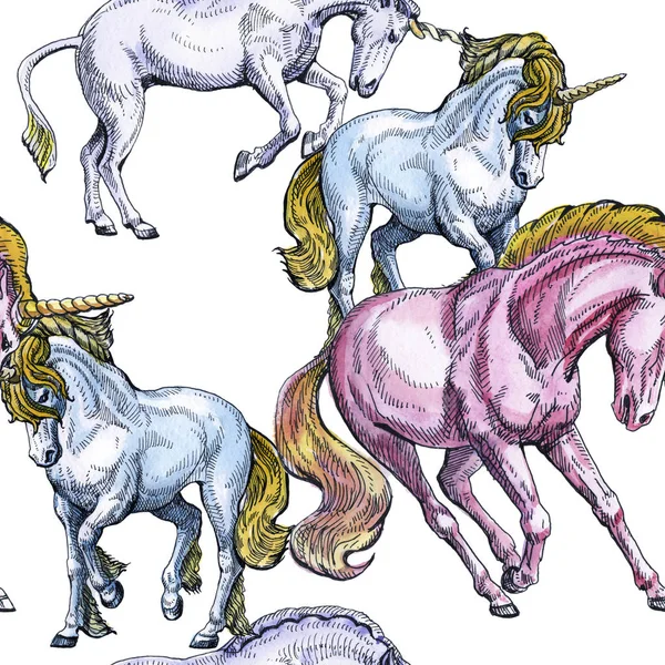 Unicorn. Seamless pattern on a white background. Fairy-tale character. Basis for design Stock Photo