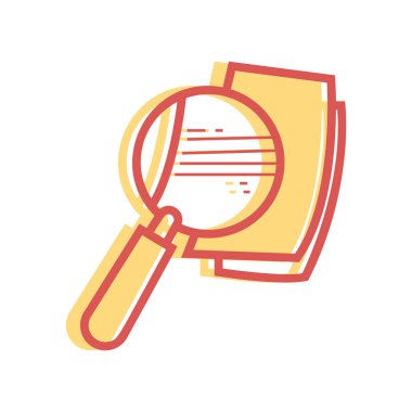 Arama belgeleri simgesi, büyüteç cam ve doğrusal dolgu tarzında sayfa işareti. Vektör