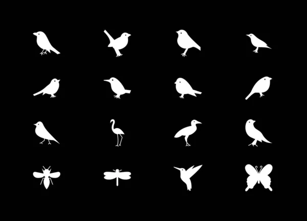 Conjunto Iconos Aves Vector Blanco Sobre Fondo Negro — Archivo Imágenes Vectoriales