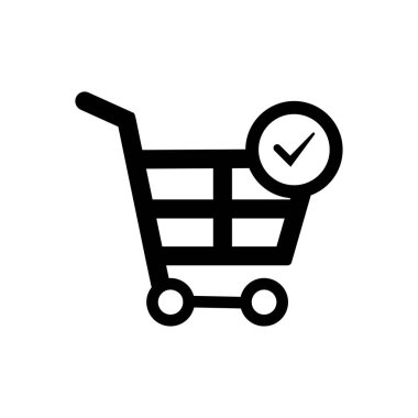 Trendy düz stil - alışveriş grafik vektör simgesi, onay işareti, arabası simgesi - vektör siyah grafikte alışveriş