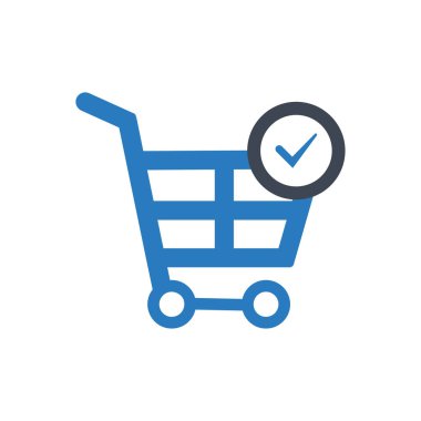 Trendy düz stil - alışveriş grafik vektör simgesi, onay işareti, arabası simgesi - vektör mavi grafikte alışveriş