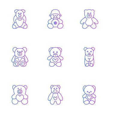 Teddy Ayı peluş oyuncak düz vektör simgeleri set