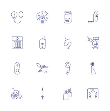 Çeşitli tıbbi cihazlar simgeler set-doğrusal tasarım vektör çizimler mavi