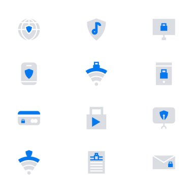 Güvenlik Işareti simgeleri set-Iş veri koruma teknolojisi ve ağ güvenlik simgeleri seti