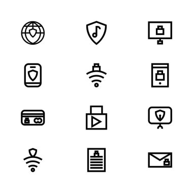 Güvenlik Işareti simgeleri set-Iş veri koruma teknolojisi ve ağ güvenlik simgeleri seti