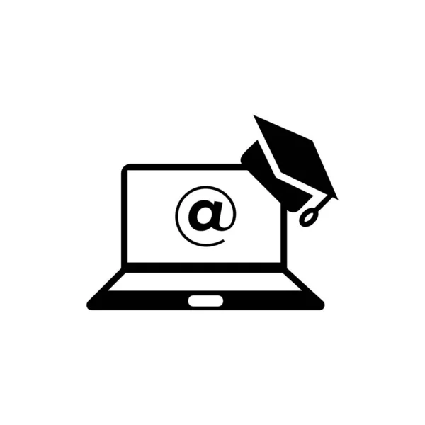 Online Education Graduation Hat Laptop Icon Black — Stock Vector