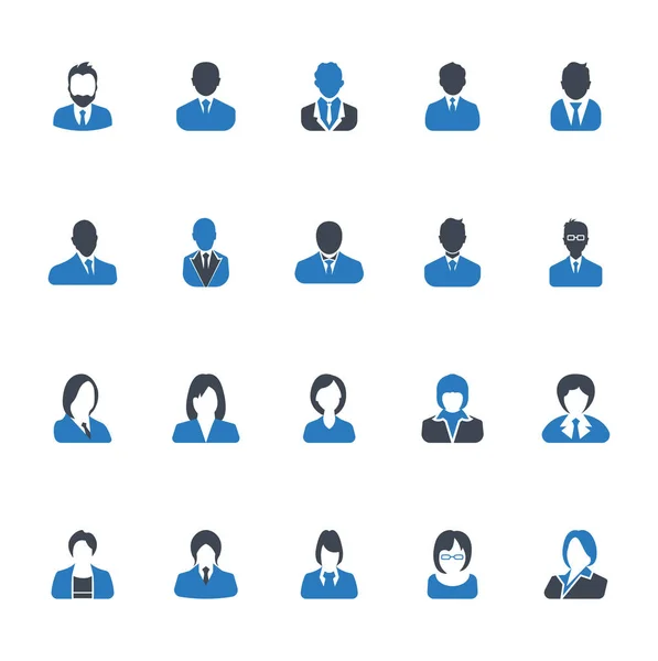 Conjunto Iconos Hombre Negocios Mujer Negocios Símbolo Avatar Azul Sobre — Vector de stock