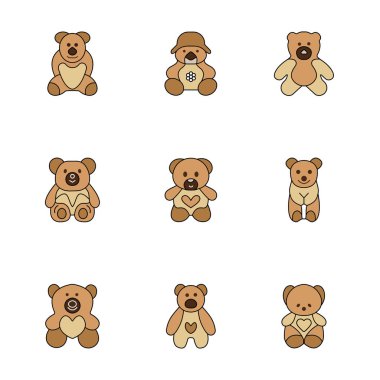 Teddy Ayı peluş oyuncak düz vektör simgeleri set