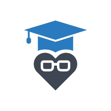 Simge mezuniyet kep ve gözlük - eğitim ve kalp sembolü kavramı mavi vektör