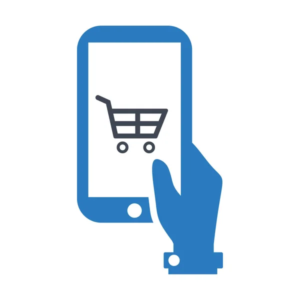Hand holding mobile - online shopping icon vector blue — Stock Vector