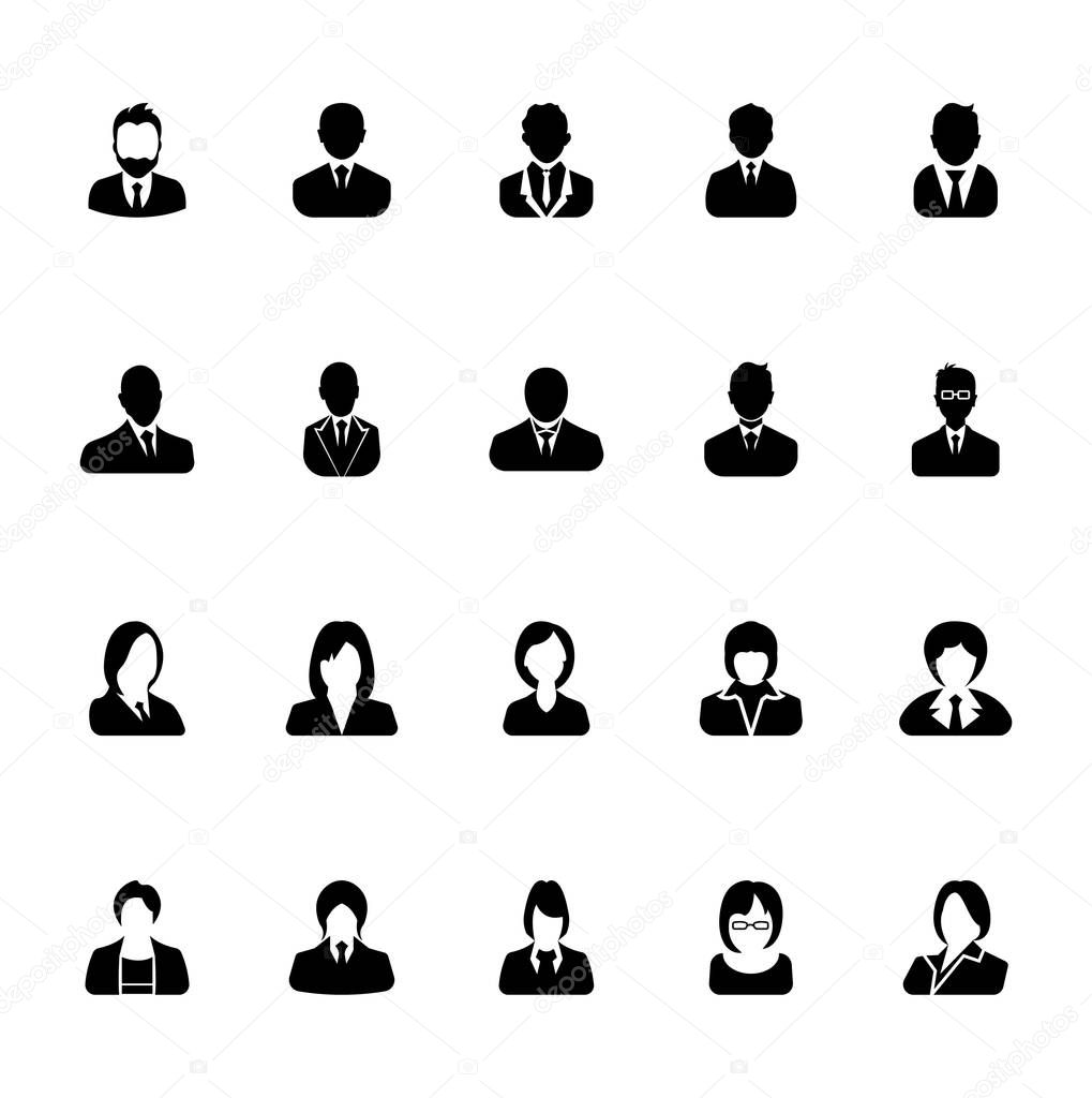 Businessman and Businesswoman icons set, avatar symbol - Black on a white background